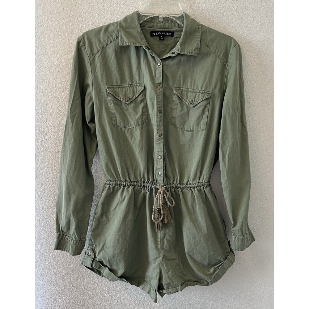 P.S Erin Wasson Romper Women's Size Small Olive Green Long Sleeve Embroidered